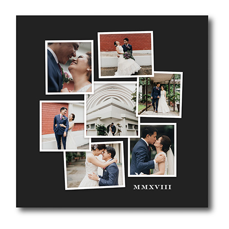 Snapfish Photo Tile with a photo collage with seven wedding day photos featuring a bride and groom and roman numeral year