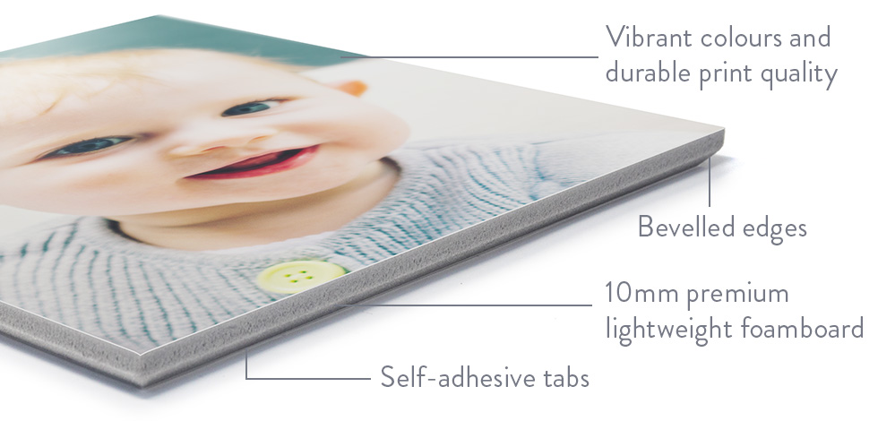 Snapfish Photo Tile infographic showing important features of the tile including self-adhesive tabs and bevelled edges.